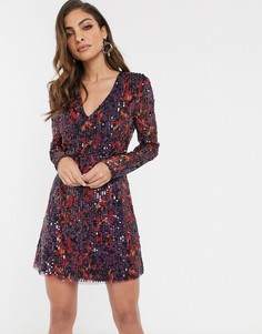 Платье мини с длинными рукавами и пайетками French Connection-Мульти