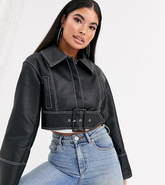 Черная куртка из искусственной кожи с броским ремнем ASOS DESIGN Petite-Черный