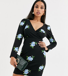 Платье мини с запахом и вышивкой ASOS DESIGN Petite-Черный