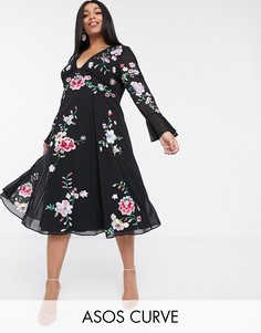 Платье миди с вышивкой и кружевными вставками ASOS DESIGN Curve-Черный