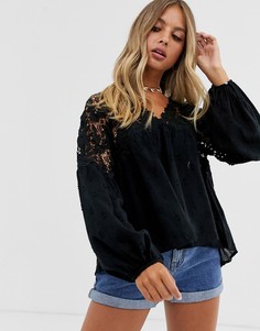 Блузка с пышными рукавами и кружевными вставками Free People Lina-Черный