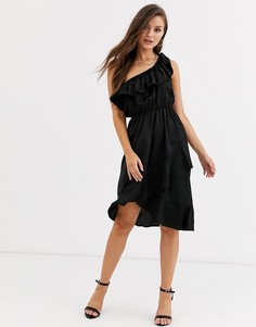 Черное атласное платье на одно плечо с оборками AX Paris-Черный