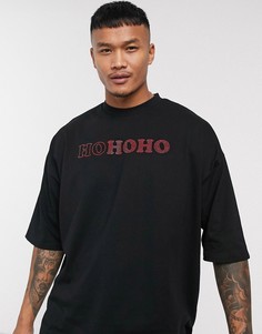 Длинная новогодняя oversize-футболка с асимметричными краями и принтом \"Ho Ho Ho\" ASOS DESIGN-Черный