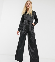 Черный атласный комбинезон в стиле милитари Monki
