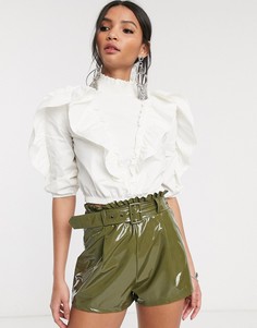 Светло-бежевая блузка с оборками Bershka-Белый