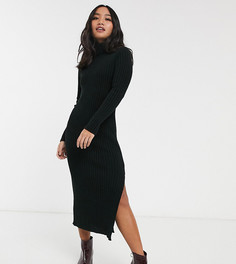 Вязаное платье миди с высоким воротником и разрезом ASOS DESIGN Petite-Черный