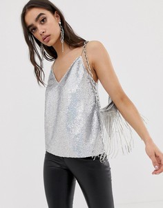 Топ на тонких бретельках с V-образным вырезом и пайетками ASOS DESIGN-Серебряный