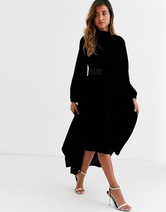 Бархатное платье миди с пышными рукавами на манжетах ASOS DESIGN-Черный