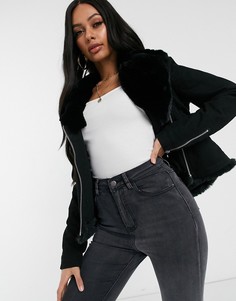Черная джинсовая байкерская куртка с воротником из искусственного меха ASOS DESIGN-Черный