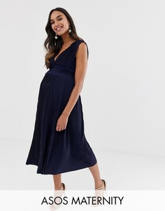 Платье миди с плиссировкой и кружевной вставкой ASOS DESIGN Maternity Premium-Темно-синий