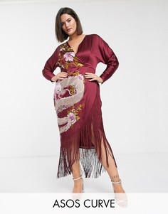 Платье-кимоно миди с вышитым драконом и бахромой ASOS DESIGN Curve-Красный