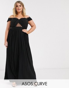 Платье макси с открытыми плечами, плиссировкой и кружевом ASOS DESIGN Curve-Черный