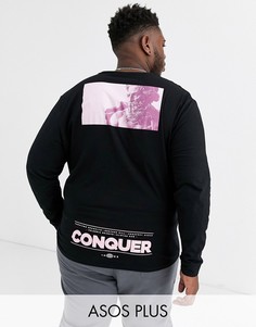 Свободная футболка с длинным рукавом и принтом на спине ASOS DESIGN Plus-Черный