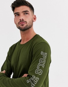 Лонгслив оливкового цвета с принтом логотипа на рукаве Polo Ralph Lauren-Зеленый