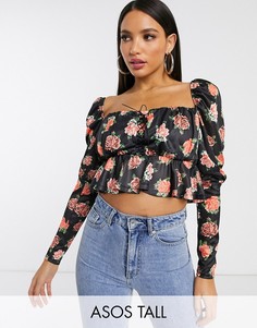 Топ с принтом роз и оборкой на нижней кромке ASOS DESIGN Tall-Черный
