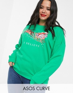 Свитшот с новогодним принтом ASOS DESIGN Curve-Зеленый