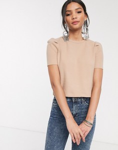 Бежевый топ с пышными рукавами Bershka