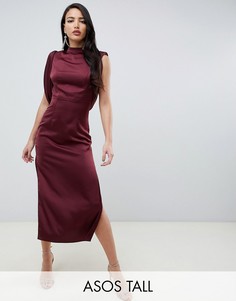 Атласное платье миди с драпированными проймами и разрезами по бокам ASOS DESIGN Tall-Красный