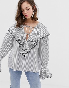 Рубашка с завязкой спереди, оборками и дизайном в полоску Sister Jane-Белый