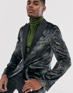 Бархатный пиджак скинни в винтажном стиле с атласными лацканами Devils Advocatе-Черный