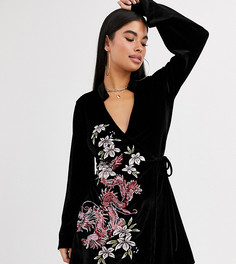 Бархатное платье-кимоно миди с вышивкой ASOS DESIGN Petite-Черный