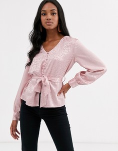 Атласная рубашка с длинными рукавами и завязкой на талии Y.A.S-Розовый