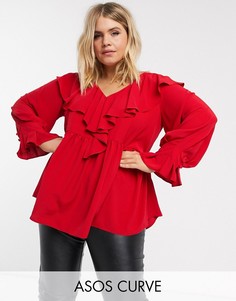 Свободный топ с длинными рукавами и оборкой на воротнике ASOS DESIGN Curve-Бесцветный