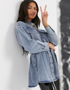 Джинсовая oversize-рубашка с бахромой из страз на воротнике ASOS DESIGN-Синий