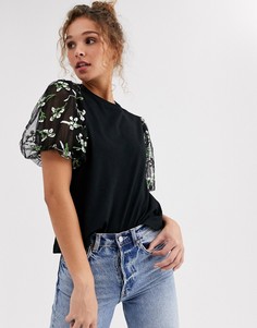 Футболка с рукавами из органзы и цветочной вышивкой ASOS DESIGN-Черный