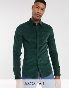 Темно-зеленая приталенная рубашка из эластичного вельвета ASOS DESIGN Tall-Зеленый