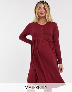 Бордовое свободное платье на пуговицах с длинными рукавами New Look Maternity-Красный