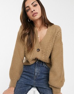 Укороченный кардиган с узором \"в косичку\" и объемными рукавами ASOS DESIGN-Светло-бежевый