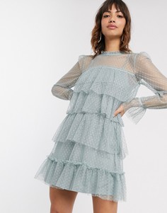 Зеленое платье мини с длинными рукавами и оборками River Island-Зеленый