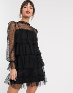 Черное платье мини с длинными рукавами и оборками River Island-Черный