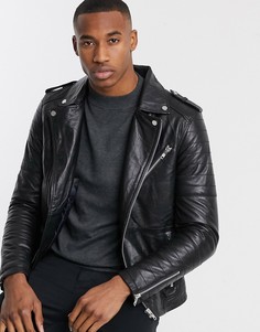 Кожаная байкерская куртка на молнии со стеганой отделкой Barneys Originals-Черный