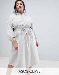 Повседневное платье-рубашка миди с талией на шнурке ASOS DESIGN Curve-Серый