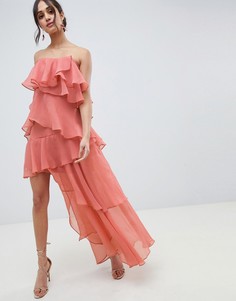 Платье-бандо макси из мятого шифона с многослойными оборками ASOS DESIGN-Розовый