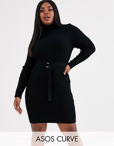 Платье мини в рубчик с поясом и высоким воротником ASOS DESIGN Curve-Черный