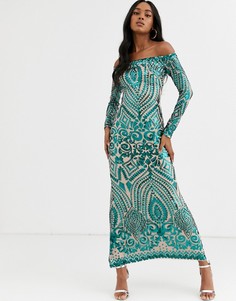 Платье макси с открытыми плечами, длинными рукавами и отделкой пайетками City Goddess-Зеленый