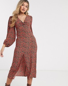 Красное платье миди с цветочным принтом и разрезом Topshop-Красный