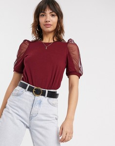Темно-бордовый топ с короткими пышными рукавами из сеточки River Island-Черный