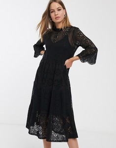 Черное кружевное платье миди с высоким воротом Vero Moda-Черный