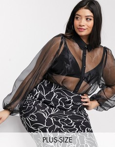 Черный топ из органзы с длинными пышными рукавами New Look Curve