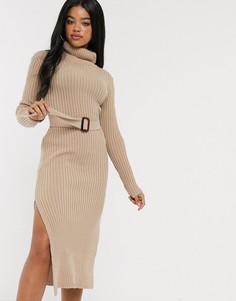 Бежевое трикотажное платье миди с высоким воротом и поясом In The Style x Billie Faiers-Коричневый