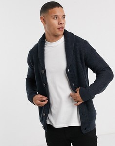Темно-синий кардиган с шалевым воротником и вязкой косами Burton Menswear