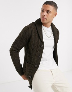 Коричневый кардиган с узором \"в косичку\" и шалевым воротником Burton Menswear