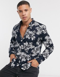 Темно-синяя рубашка с цветочным принтом Burton Menswear-Темно-синий