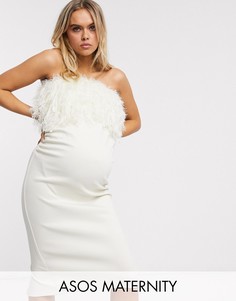 Платье-бандо миди с отделкой из искусственных перьев ASOS DESIGN Maternity-Белый