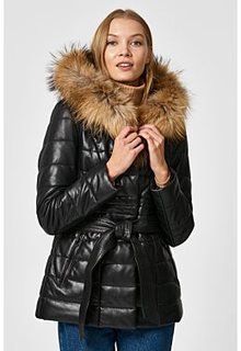 Утепленная кожаная куртка с отделкой мехом енота La Reine Blanche