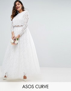 Кружевное платье макси с длинными рукавами ASOS EDITION CURVE BRIDAL-Белый